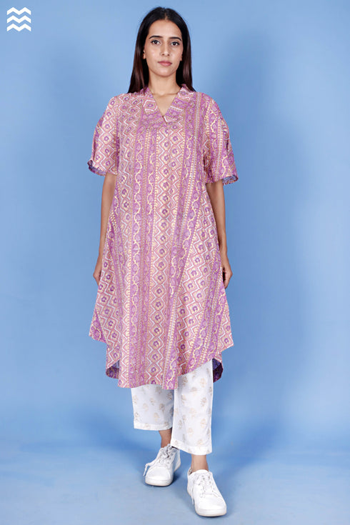 Mulmul Cotton V- Neck Top In Block Print